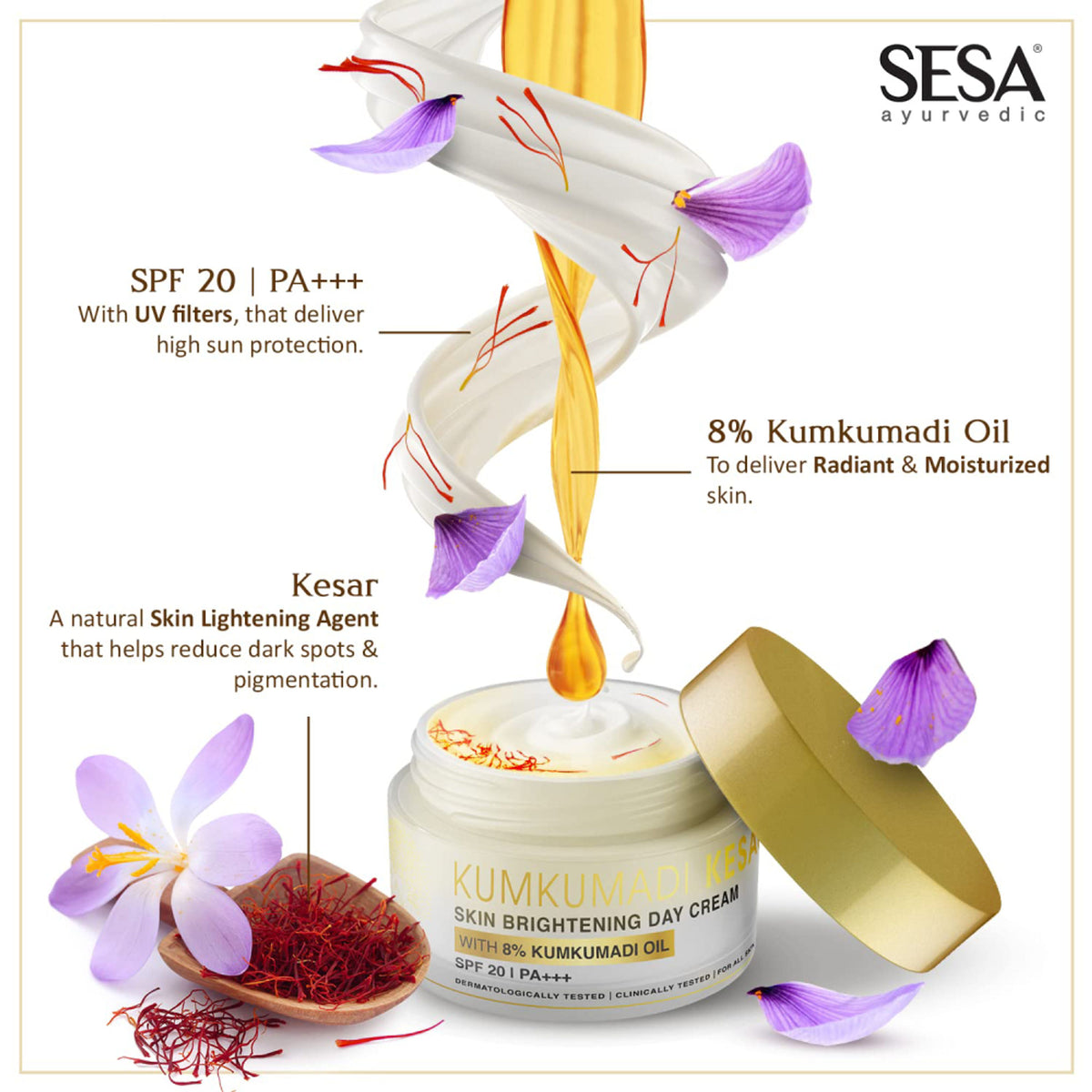 SESA 8% Kumkumadi Kesar Day Cream 50g SPF 20 & PA++ Skin Brightening Face Moisturizer Face Cream
