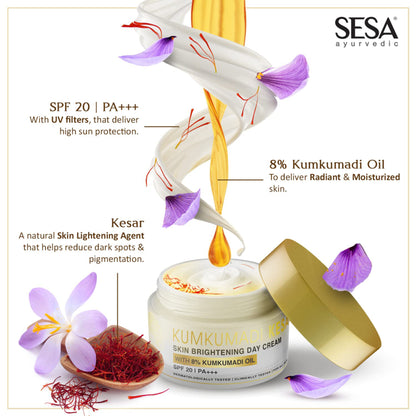 SESA 8% Kumkumadi Kesar Day Cream 50g SPF 20 & PA++ Skin Brightening Face Moisturizer Face Cream