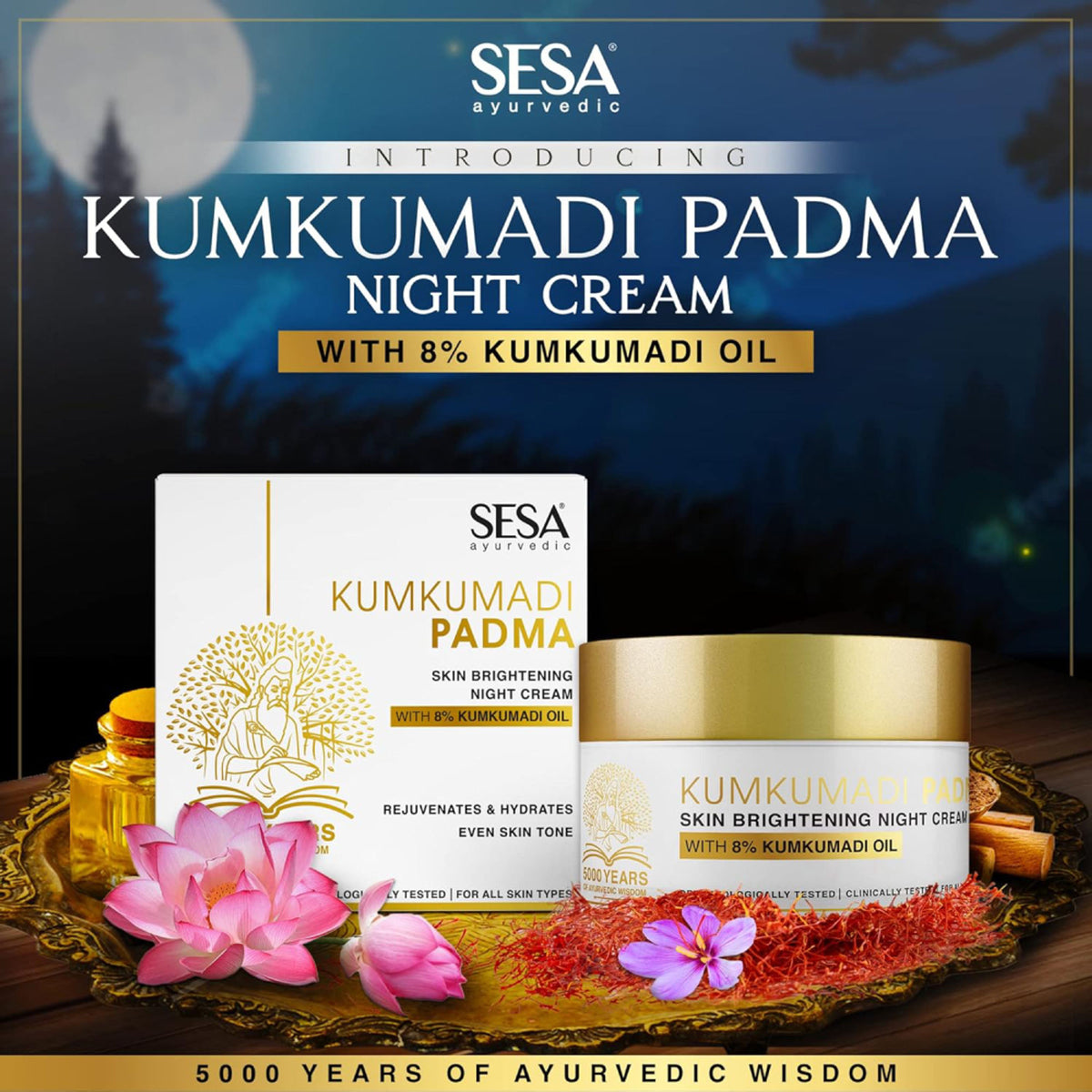 SESA 8% Kumkumadi Padma Night Cream 50g Skin Brightening, Helps Reduce fine lines & wrinkles