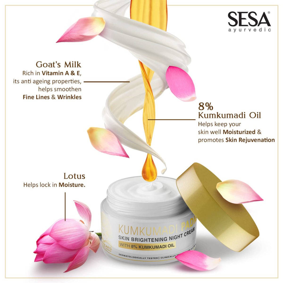 SESA 8% Kumkumadi Padma Night Cream 50g Skin Brightening, Helps Reduce fine lines & wrinkles