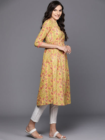 Indyancart IE Floral Printed Pure Cotton Empire Style A-Line Kurta