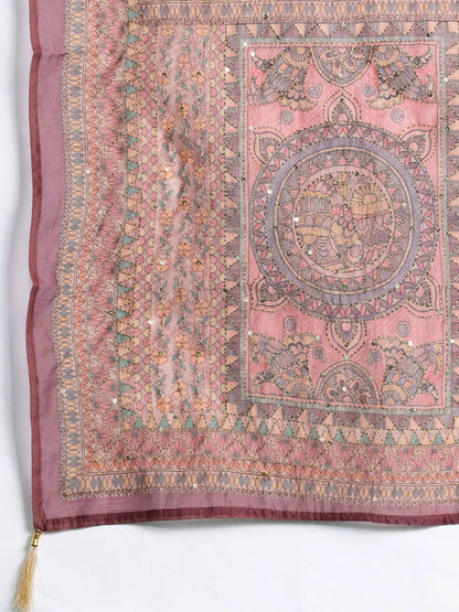 Indyancart IE Ethnic Motifs Printed Thread Work Chanderi Silk Kurta With Trousers & Dupatta