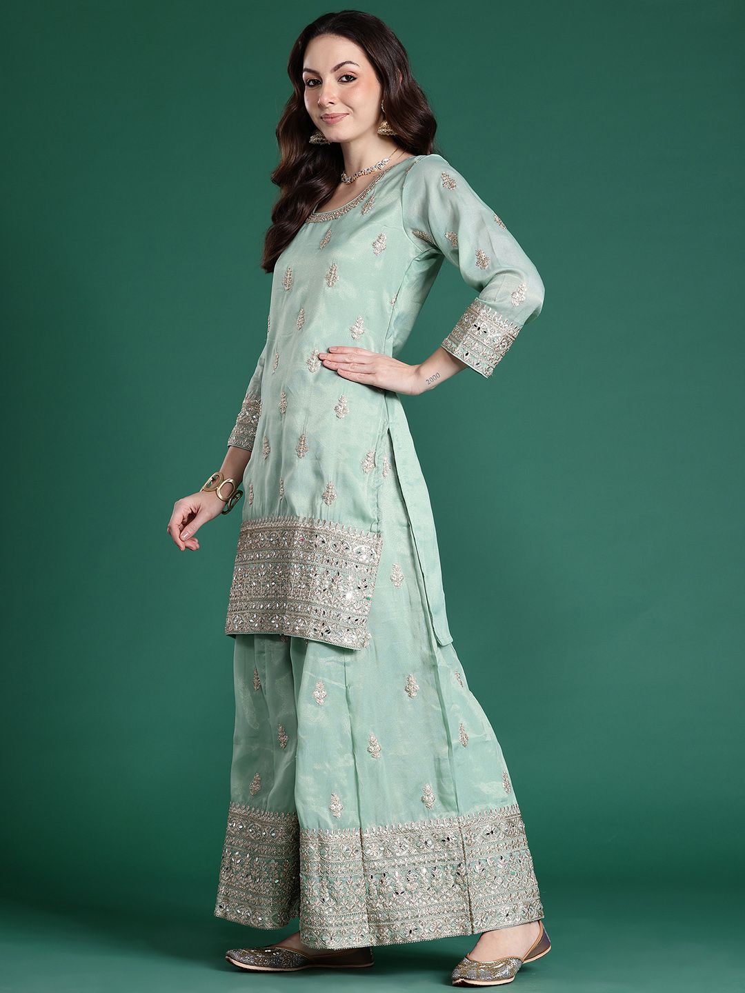 Dhiyona IE Ethnic Motifs Embroidered Sequinned Kurta with Palazzos & With Dupatta