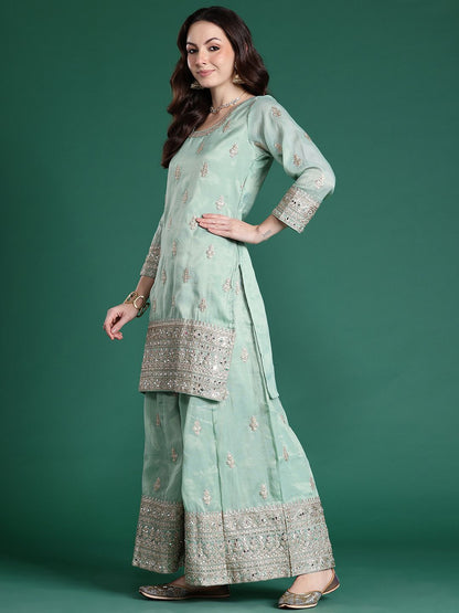 Dhiyona IE Ethnic Motifs Embroidered Sequinned Kurta with Palazzos & With Dupatta