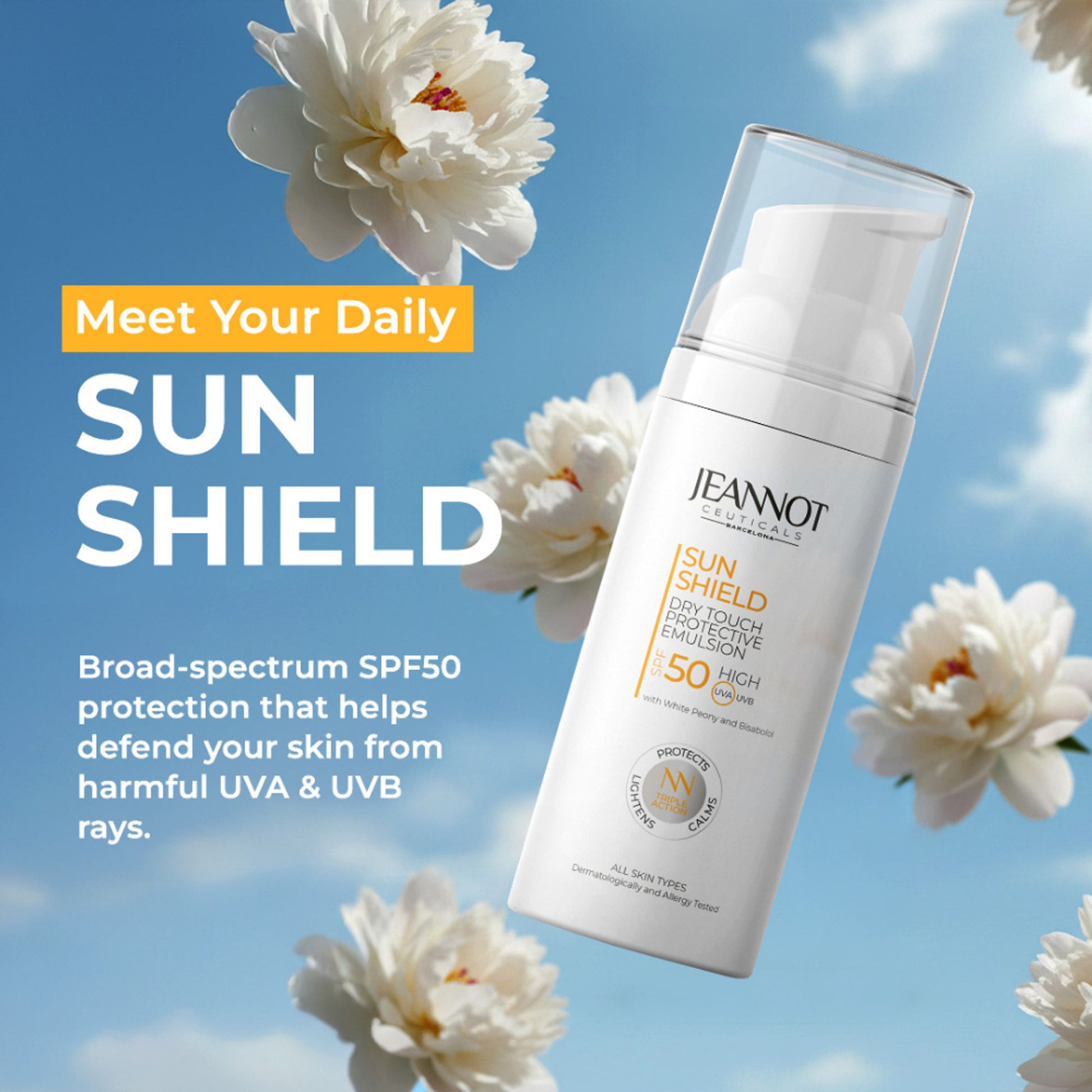 Jeannot Ceuticals Dry Touch Protective Emulsion SPF 50, Non-Greasy Sunscreen for All Skin Types