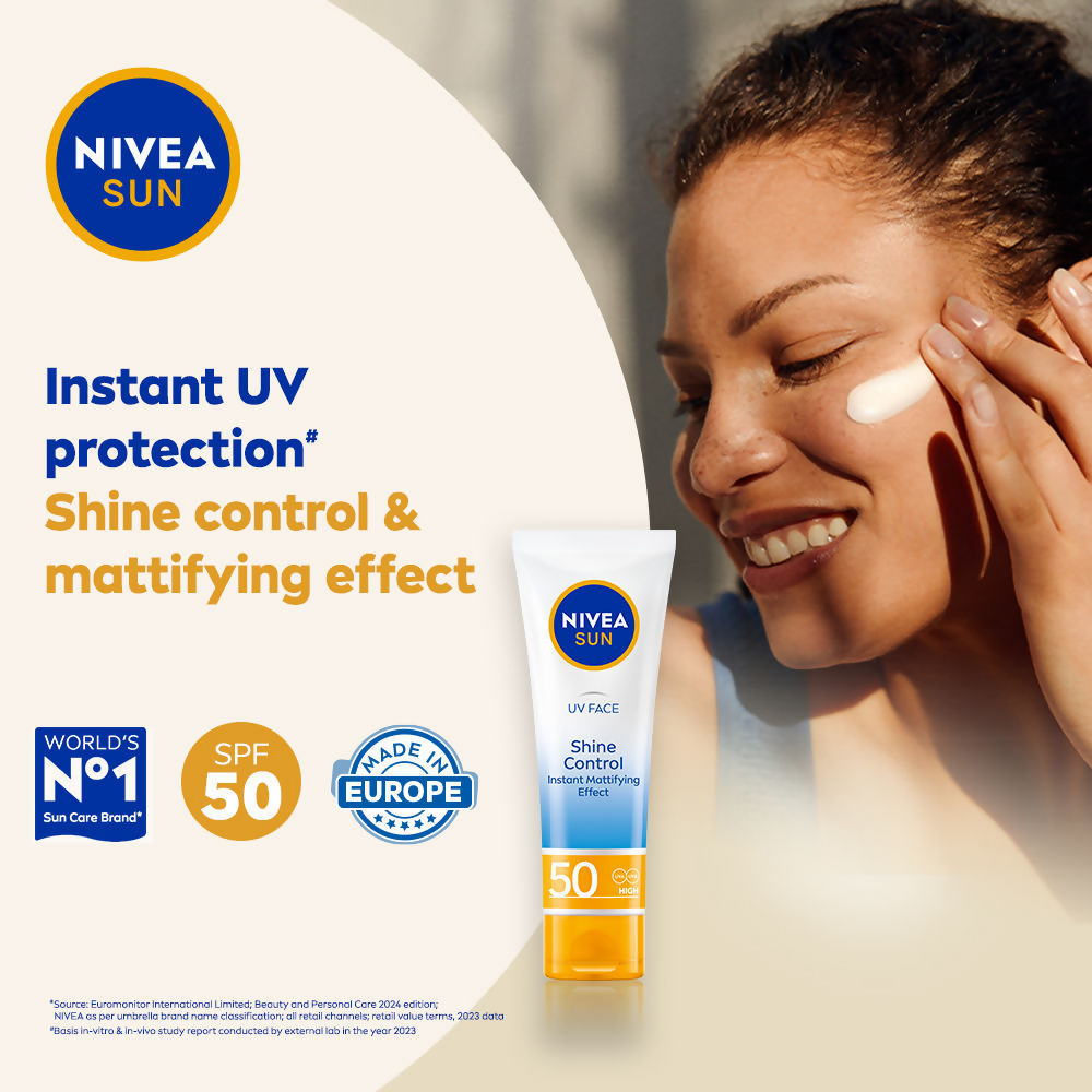 Nivea Sun Shine Control SPF 50 sunscreen bottle with ultra matte finish and no white cast, providing instant UV protection