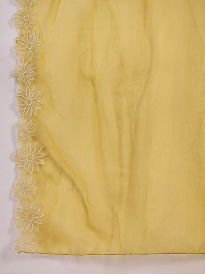 Indyancart SN Women's Cream Floral Embroidered V-Neck Straight Kurta With Trouser And Dupatta
