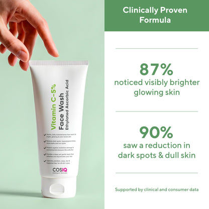 Cos-IQ Vitamin C-5% Brightening Face Wash with gentle formula, showing a clear bottle with orange-tinted liquid and bright packaging.