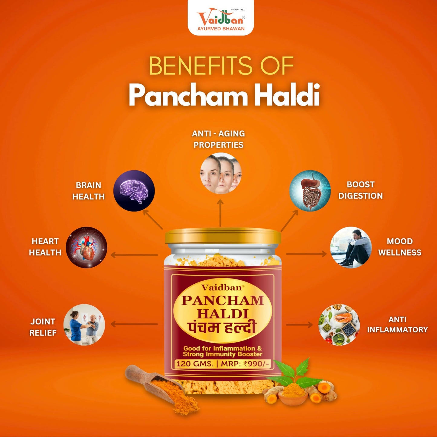 Vaidban Pancham Haldi organic turmeric powder in a glass jar, shown with fresh turmeric roots and bright yellow powder inside.
