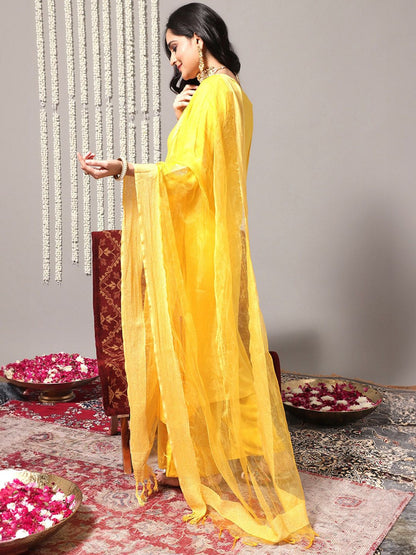 Indyancart VA Women'sV-Neck A-Line Pleated Kurta with Palazzos & With Dupatta