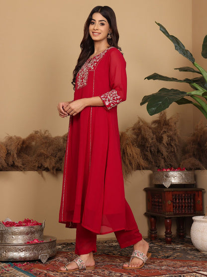 Indyancart VA Women'sMagenta Floral Embroidered Panelled Silk Georgette Kurta With Trouser With Dupatta