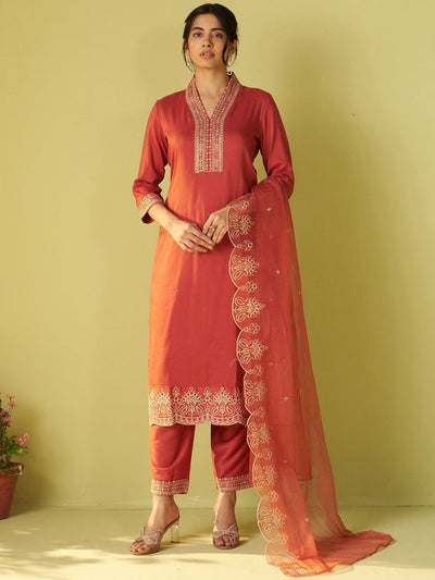 Indyancart IE Women Floral Embroidered Kurta with Trousers & Dupatta