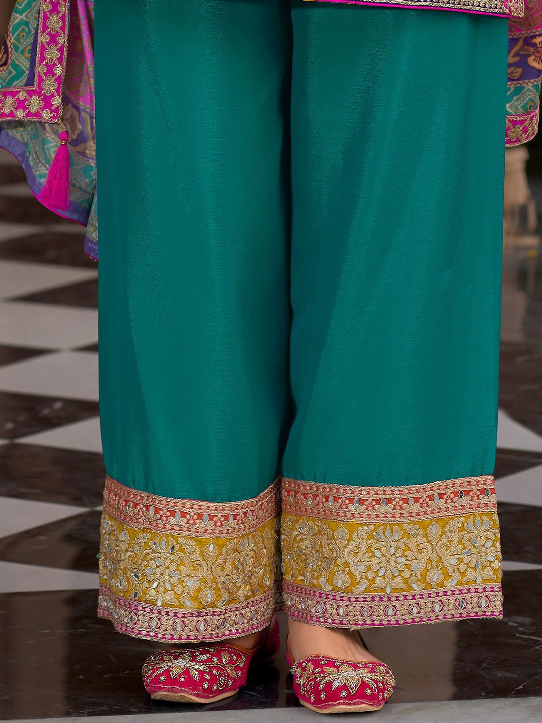 Dhiyona IE Floral Embroidered Notch Neck Mirror Work Kurta With Palazzos & Dupatta