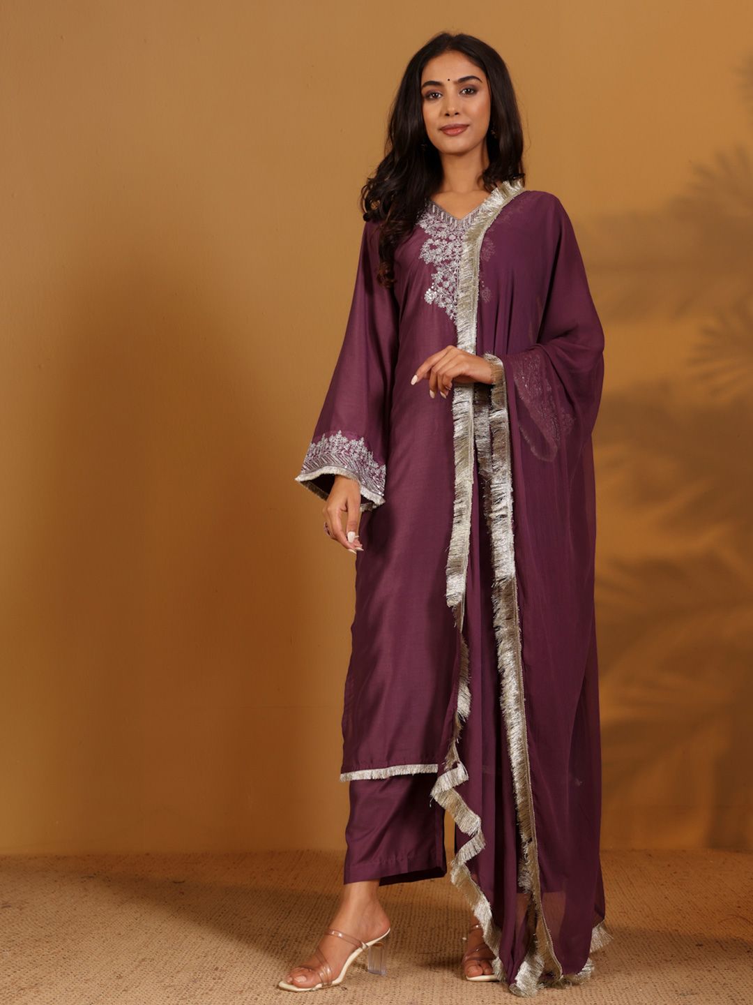 Indyancart VA Women'sFloral Embroidered Sequnnied V-Neck Straight Kurta With Trousers & Dupatta