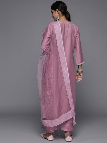 Indyancart VA Women's Mauve Ethnic Motifs Embroidered Gotta Patti Kurta with Trousers & With Dupatta