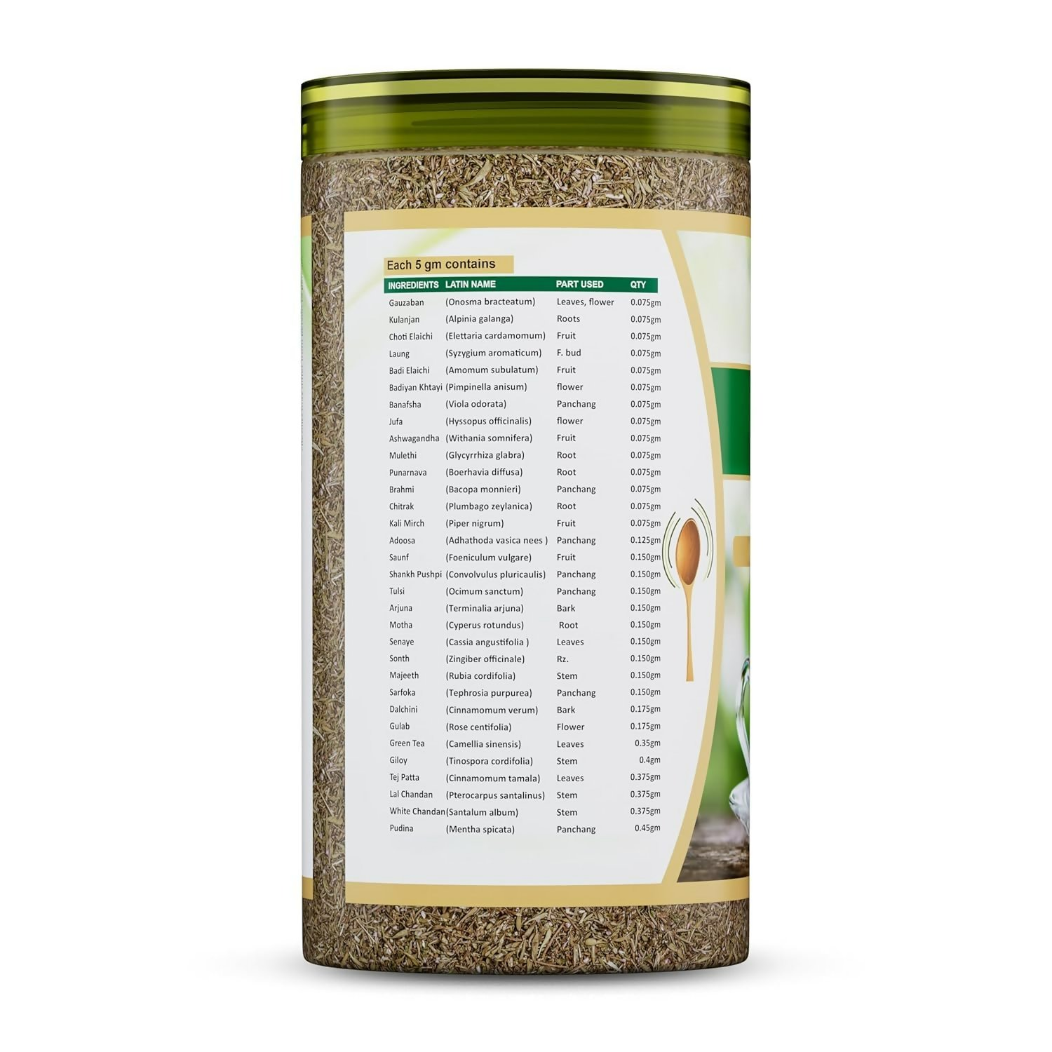 Jeena Sikho 32 Herbs Tea herbal detox kahwa in a glass cup with fresh herbs and spices, promoting natural body cleansing.