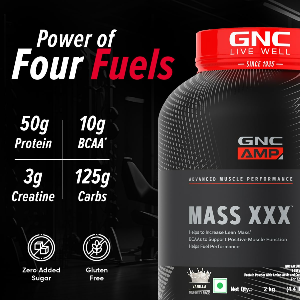 GNC AMP XXX Mass Gainer Ayurvedic protein powder with vanilla flavor, designed to boost lean muscle gains.