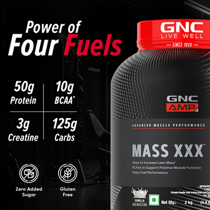 GNC AMP XXX Mass Gainer Ayurvedic protein powder with vanilla flavor, designed to boost lean muscle gains.