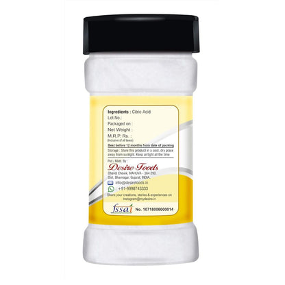 Desire Citric Acid Crystals in a clear jar, baking supply for cooking and baking, natural sour flavor enhancer.