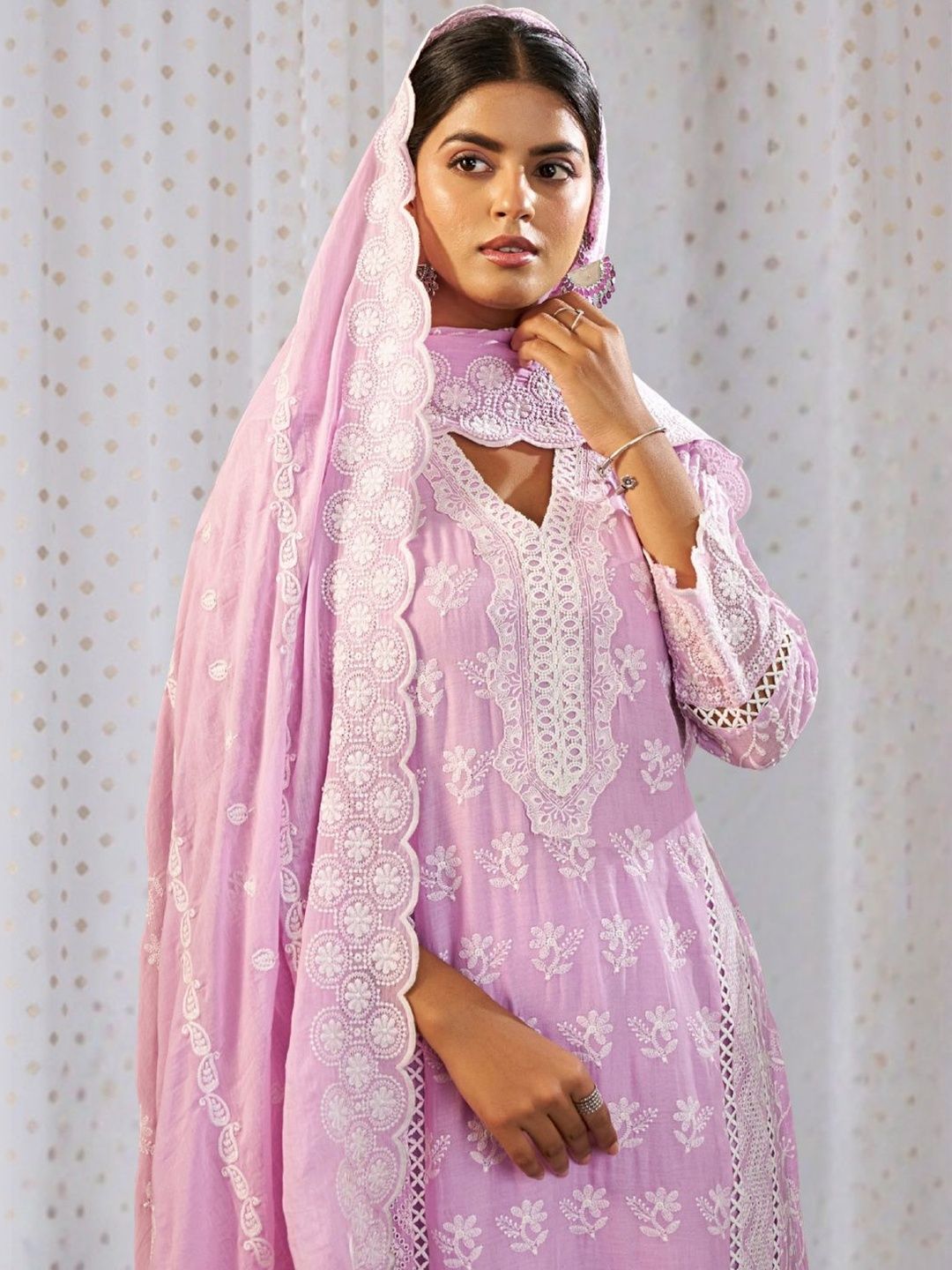 Women Ethnic Motifs Embroidered Regular Chikankari Pure Cotton Kurta with Trousers & With Dupatta