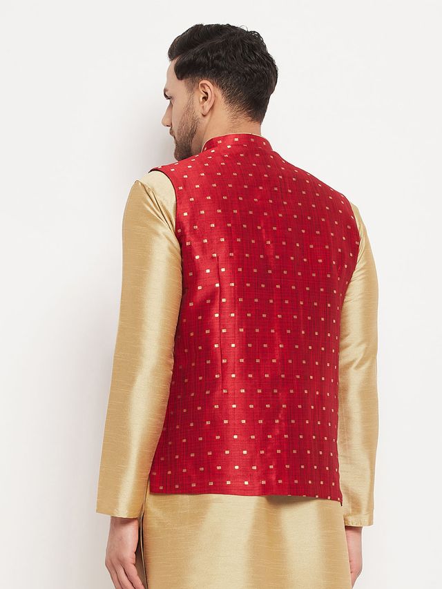 Men's Gold Silk Blend Straight Jacket  Kurta and Dhoti Set