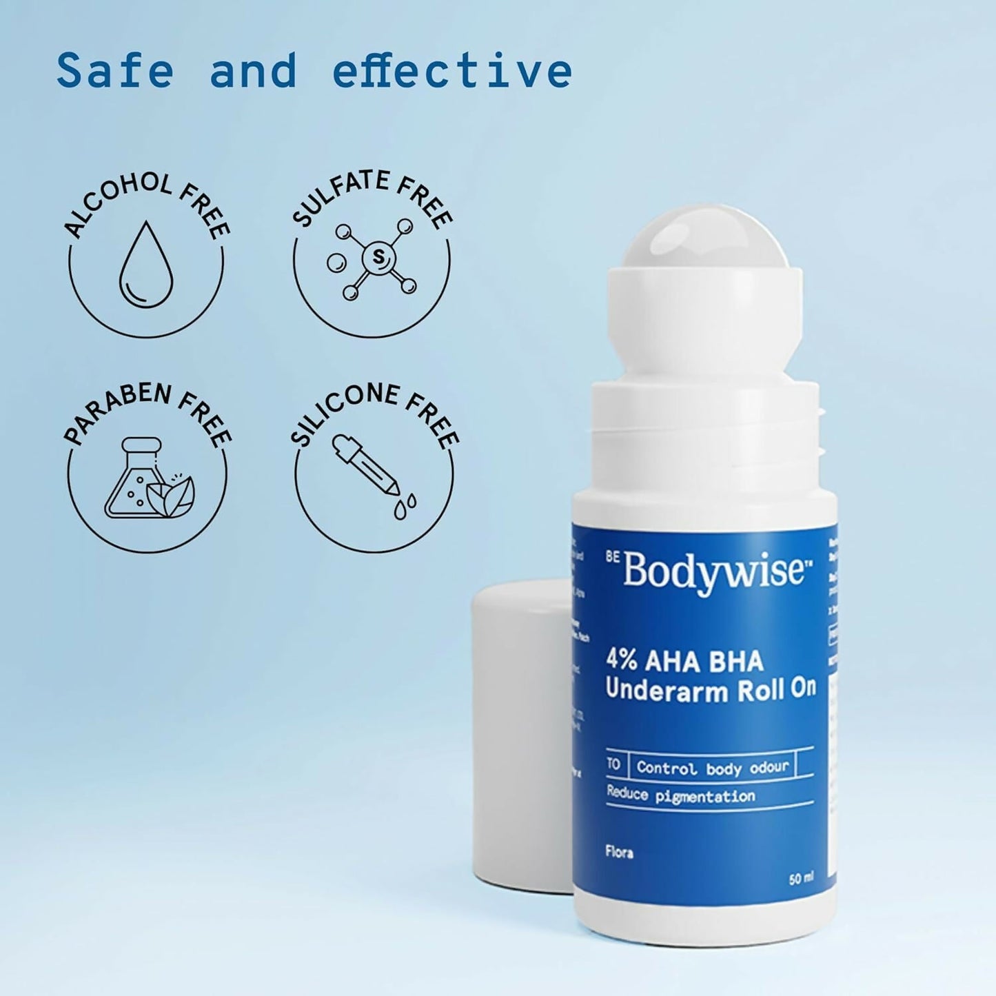 BeBodywise 4% AHA BHA underarm roll-on cream for reducing pigmentation, shown in a clear container with floral fragrance label.