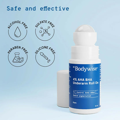 BeBodywise 4% AHA BHA underarm roll-on cream for reducing pigmentation, shown in a clear container with floral fragrance label.