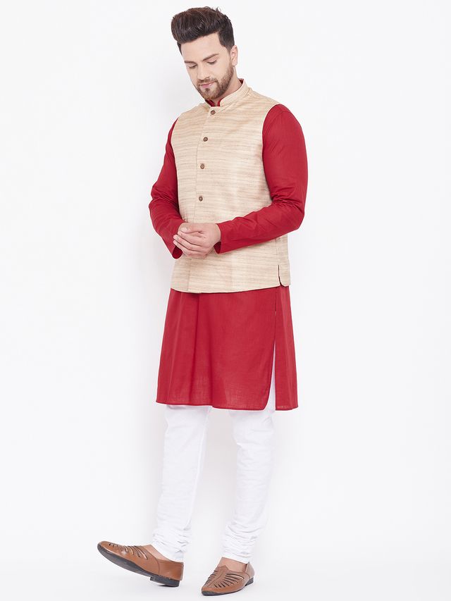Men's Maroon Cotton Blend Straight Jacket  Kurta and Pyjama Set