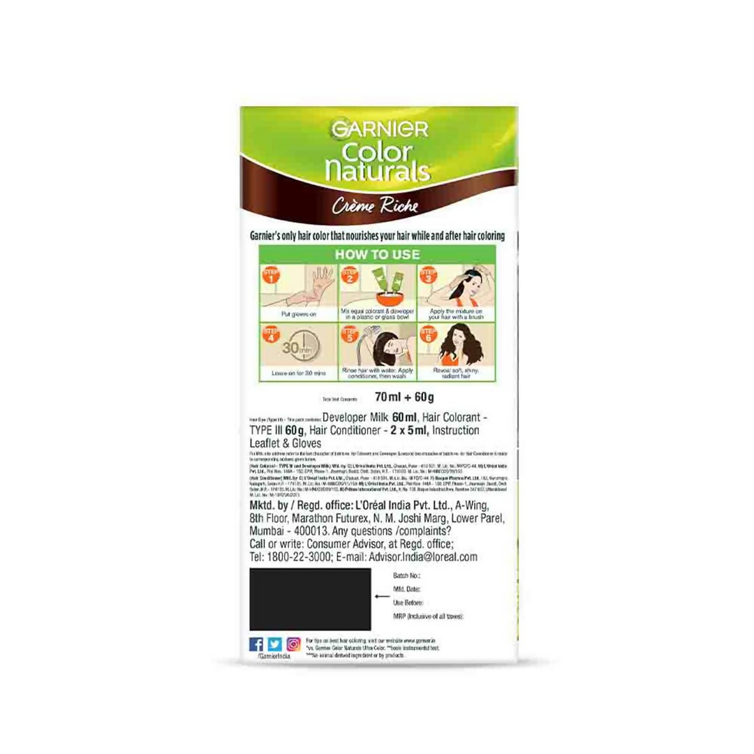 Garnier Color Naturals Creme Riche hair color in shade 5.32 Caramel Brown showing the product tube and packaging.
