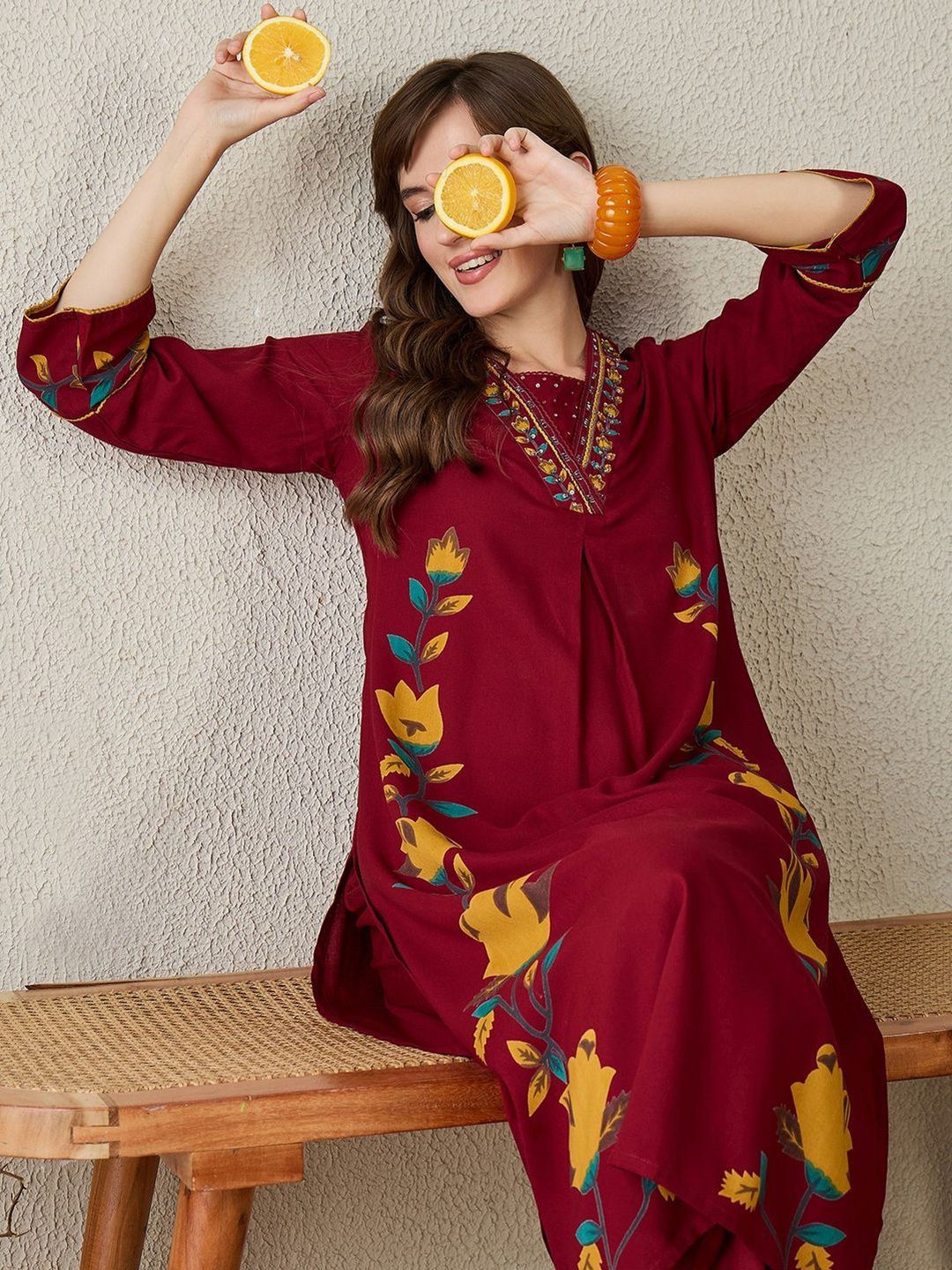 Women Floral Printed Regular Thread Work Kurta with Palazzos