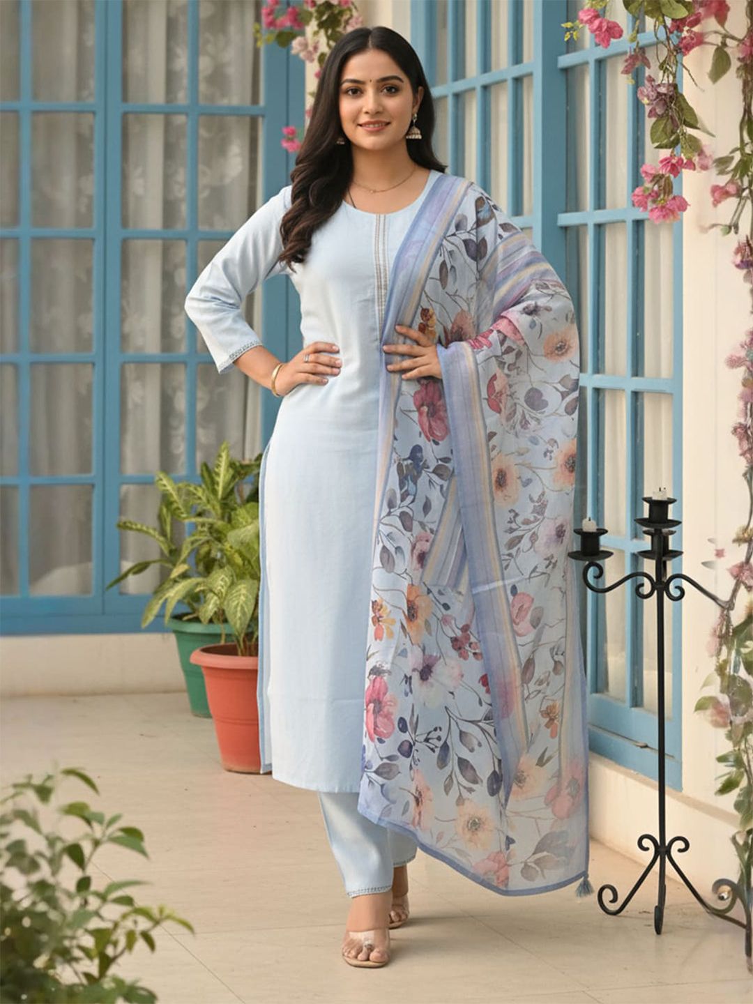 Roun Neck Straight Kurta With Trousers & With Dupatta