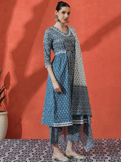 Indyancart SN Women's Floral Embroidered A-Line Pure Cotton Kurta With Trousers & Dupatta