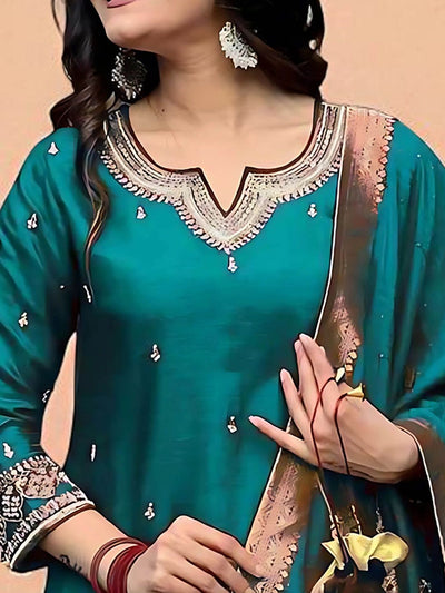 Indyancart SN Women's Embroidered Straight Kurta Pyjama & Dupatta