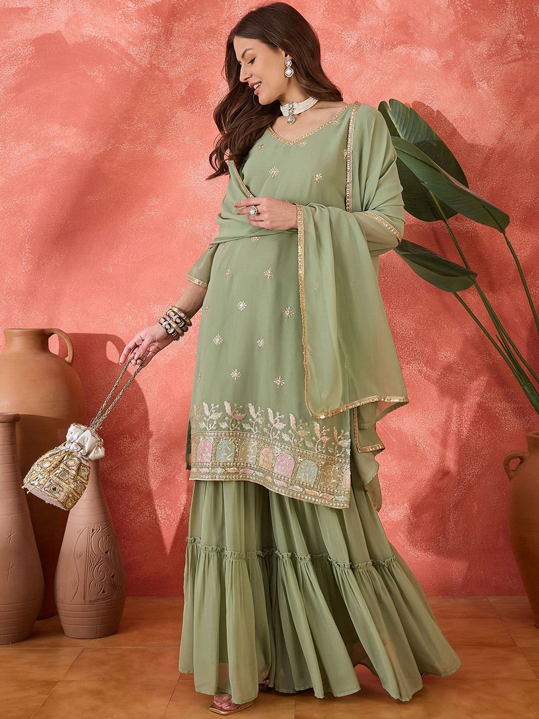Indyancart SN Women's Ethnic Motifs Embroidered V-Neck Kurta & Sharara With Dupatta