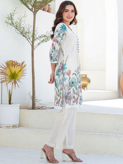 Women Floral Printed Pleated Thread Work Pure Cotton Kurta with Trousers