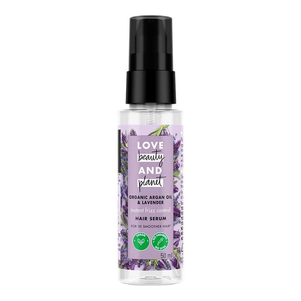 Love Beauty and Planet argan oil and lavender anti-frizz shampoo, conditioner, and hair serum combo for smooth, shiny hair.