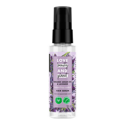 Love Beauty and Planet argan oil and lavender anti-frizz shampoo, conditioner, and hair serum combo for smooth, shiny hair.