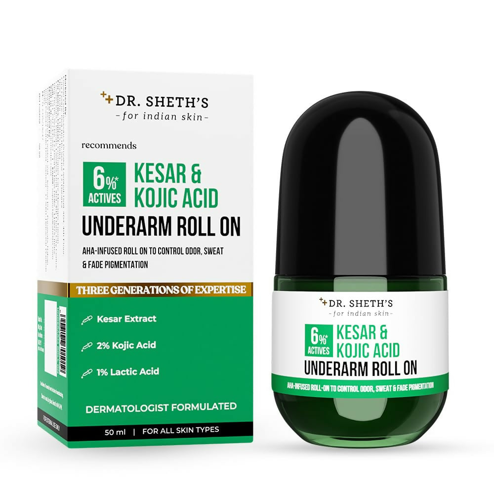Dr. Sheth's Kesar & Kojic Acid underarm roll-on with actives, showing the white liquid in the transparent container for body odor and pigmentation.