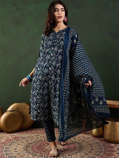 Indyancart SN Women's Printed Pure Cotton Kurta Set With Dupatta