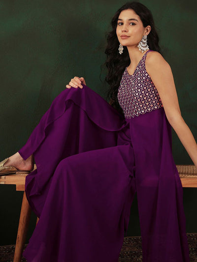 Indyancart SN Women's Magenta Geometric Embroidered High Slit A-Line Kurta With Trouser