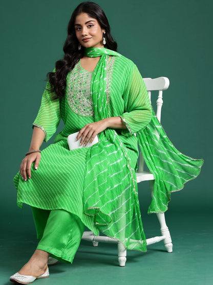 Indyancart Women's Leheriya Printed Regular Thread Work Kurta with Trousers & With Dupatta