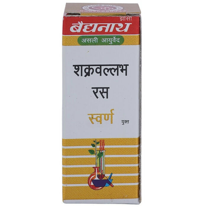 Baidyanath Jhansi Wallabha Ras Ayurvedic supplement with gold powder, shown in a packaged bottle with traditional design.