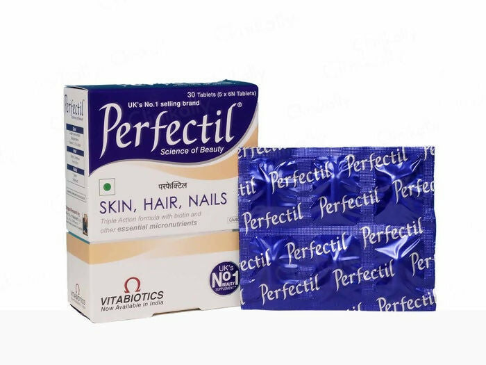 Perfectil Skin Hair Nail Supplement tablets showing a bottle with several tablets on a white background.