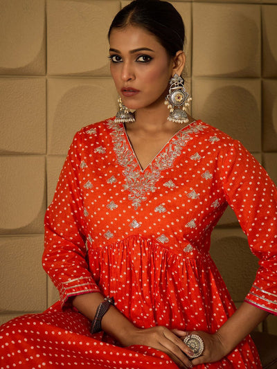 Indyancart IE Bandhani Embroidered Empire Sequined A-Line Pure Cotton Kurta With Trousers