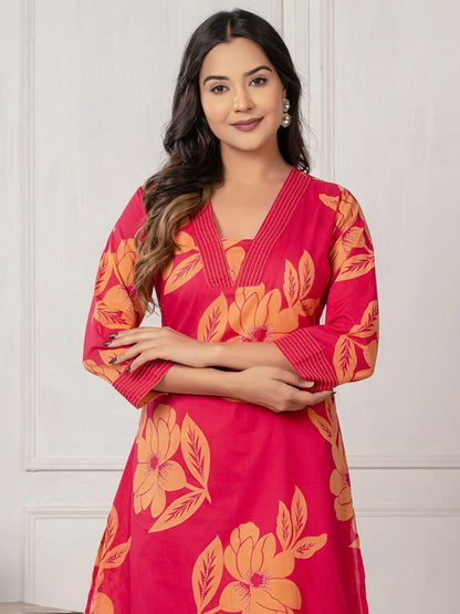 Floral Printed Regular Pure Cotton Kurta With Trousers