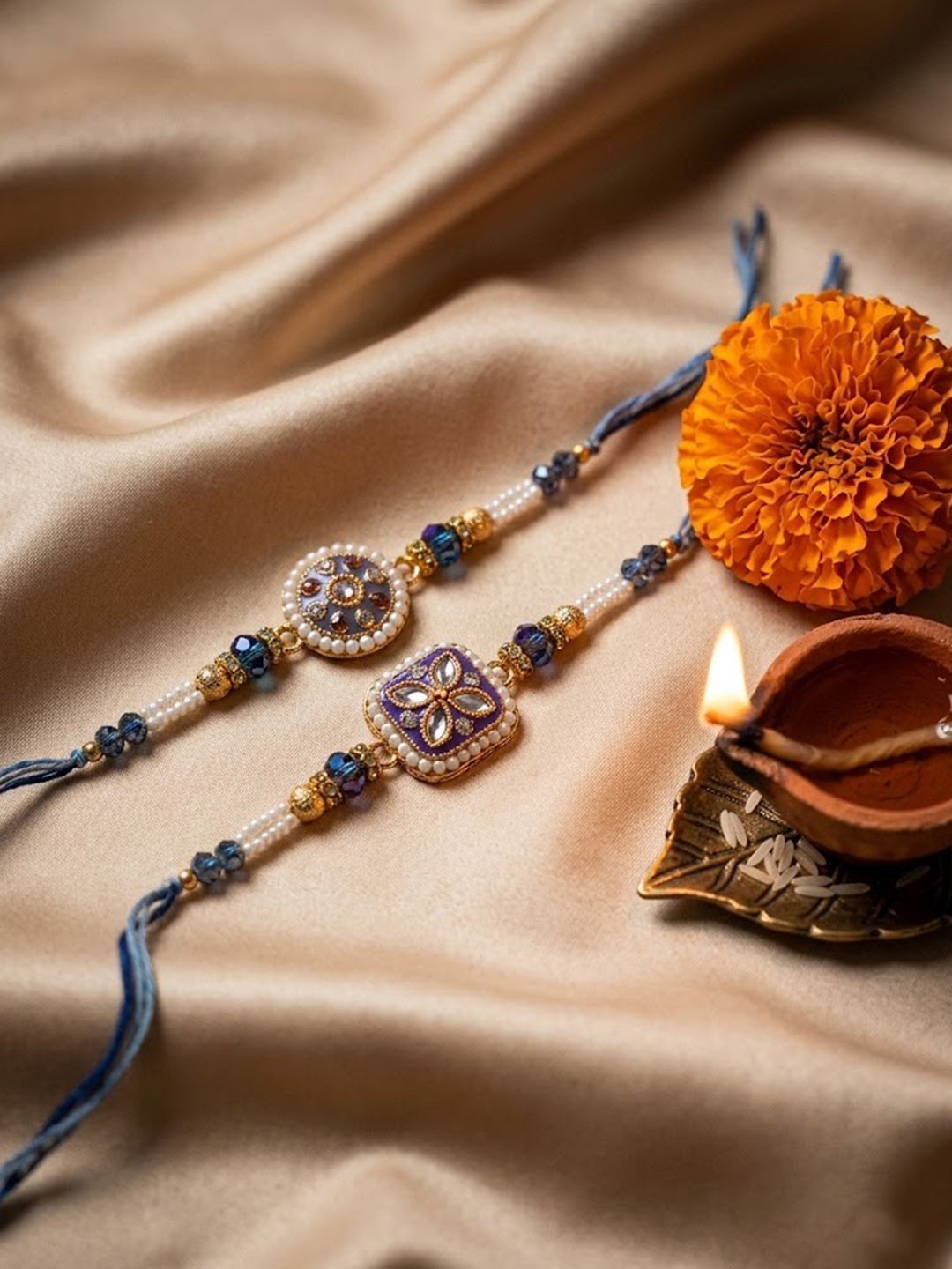 Anouk Set Of 2 White Pearls Thread Rakhi With Roli Chawal Chandan Mishri