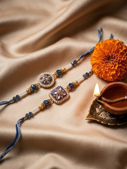 Anouk Set Of 2 White Pearls Thread Rakhi With Roli Chawal Chandan Mishri
