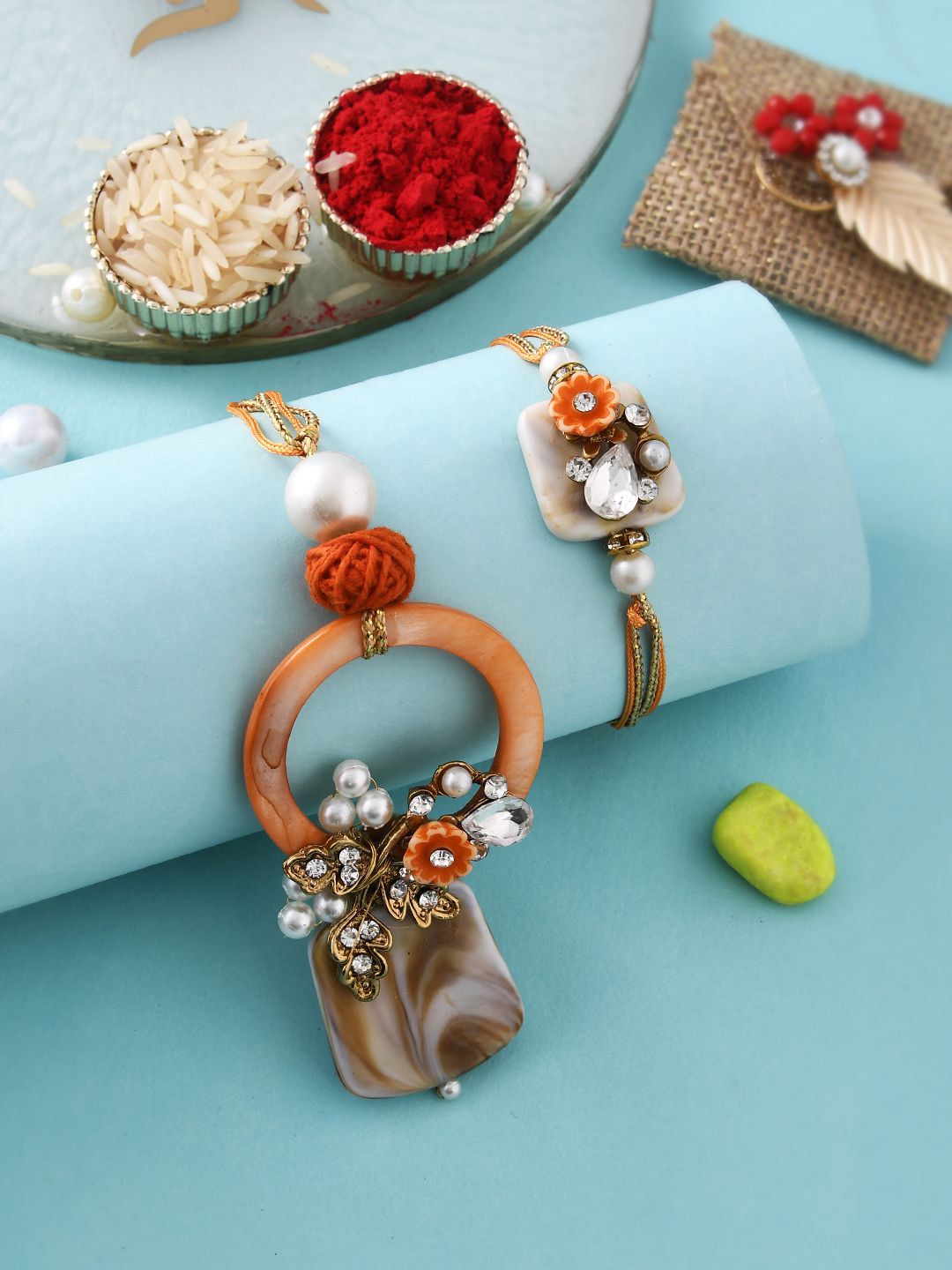 Anouk Orange Beaded Bhaiya Bhabhi Rakhi With Roli Chawal & Greeting Card