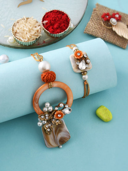 Anouk Orange Beaded Bhaiya Bhabhi Rakhi With Roli Chawal & Greeting Card