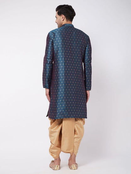 Men's Blue Silk Blend Straight Kurta and Dhoti Set